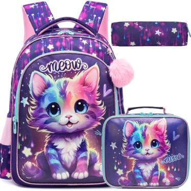 Imagem de Oruiji Mochila escolar para meninas de 8 a 12 anos, mochila com lancheira de volta às aulas, Gato roxo escuro