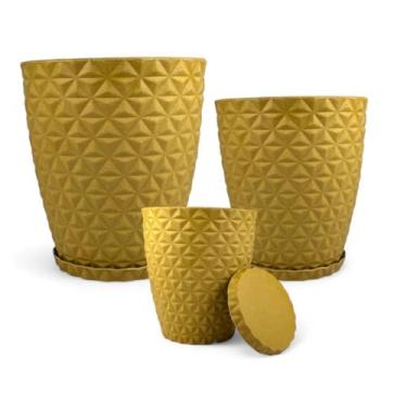 Imagem de Vaso Planta，Conjunto de 3 Vasos Decorativos de Diamantes P, M, G(MOSTARDA C/PRATO)
