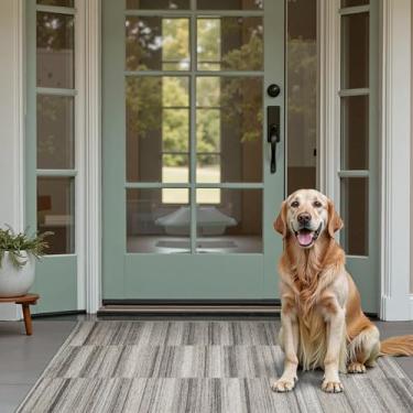 Imagem de jinchan Tapete geométrico 7 x 12 cm, lavável, ultrafino, leve, antiderrapante, abstrato, casual, moderno, tapete listrado para quarto, banheiro, escritório, sala de estar, cinza-acastanhado