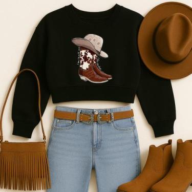 Imagem de Cropped Moletom Estampa Bota e Chapéu Estilo Country Moda Western Faro
