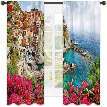 Imagem de Cortina blackout italiana, paisagem de praia de verão panorâmica costeira, para quarto, jardim de infância, sala de estar, L 250 x C 213 cm multicolorido
