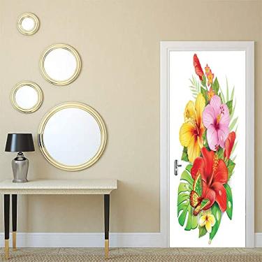 Imagem de Adesivo de papel de parede para porta de quarto havaiano, buquê de flores de hibisco coloridas com pétalas de plumeria florescendo de borboleta, para dormitórios, escritórios e decoração de casa, L 91