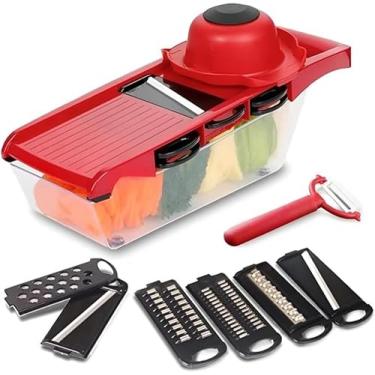 Imagem de Ralador Fatiador de Legumes 6 em 1 – Mandoline Slicer Multifuncional em Aço Inox com Recipiente – Cortador, Fatiador e Descascador – Ideal para Saladas, Frutas, Batatas e Cebolas