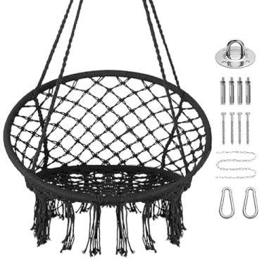 Imagem de Goutime Cadeira de rede com kit de ferragens para pendurar, cadeiras de balanço boho macramê para ambientes internos, externos, quarto, pátio (preto (travesseiros não incluídos))