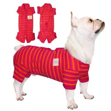 Imagem de TONY HOBY Roupas para animais de estimação feminino/masculino, listras para cães, pijamas com 4 pernas, pijamas para cães, macacão macio de algodão para o verão (vermelho+laranja-meninos, PP)