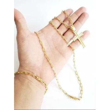 Imagem de Cordão Banhado A Ouro 18k Cadeado 5mm Pulseira+Pingente Cruz - Mk Jóia