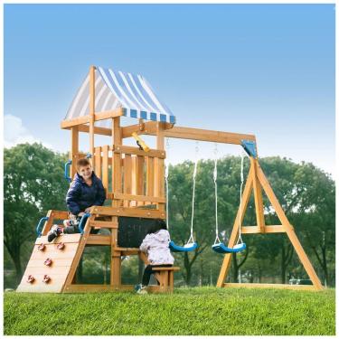 Imagem de Playground Infantil de Madeira com Quadro-Negro, Escorregador, 2 Balanços e Parede de Escalada, ROBOTIME WG394, Azul