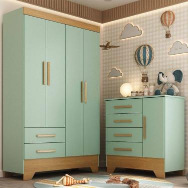 Imagem de Quarto Infantil Completo Soninho 5 Portas 6 Gavetas Verde/Cinamomo - Panorama Móveis