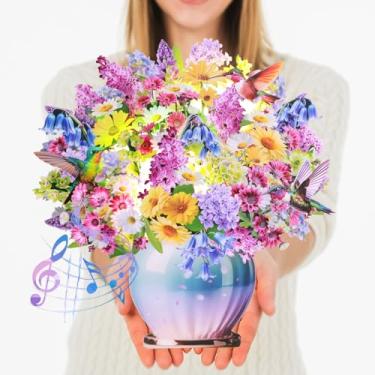 Imagem de CUISH Cartão pop-up com música e luzes buquê de flores de papel 3D tamanho real – cartão comemorativo para mulheres, mãe, esposa, filha, avó – presente de aniversário com envelope - beija-flor