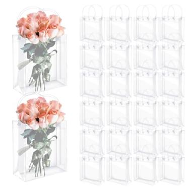 Imagem de 24 sacos de presente de plástico transparente com alças, 15 cm x 12,4 cm x 7,1 cm reutilizáveis em PVC transparente para lembrancinhas de festa, pequeno saco de presente de plástico transparente a