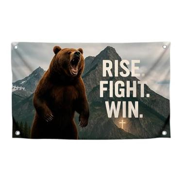 Imagem de Bandeira de motivação de 9,5 x 1,5 m com urso grande e citação "Rise. Fight. Win." para homens de sala de ginástica com quatro ilhós de latão - Bandeira de tapeçaria de meme animal de lado único