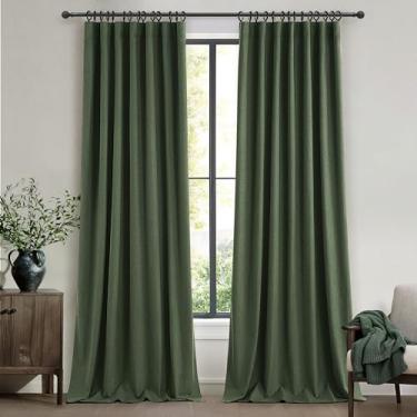 Imagem de Cortinas plissadas verde-oliva escuras, 236 cm de comprimento, cortina blackout para sala de estar, fresca, calor, reflexiva, linho, cortinas vintage para quarto, abas traseiras e ganchos de pino