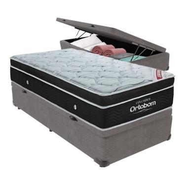 Imagem de Cama Box Baú Solteiro Colchão Ortobom Elegant Mola Ensacada Cinza
