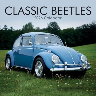 Imagem de Calendário de parede quadrado 2026 – Besouros clássicos, visualização mensal de 30 x 30 cm, tema de transporte de 16 meses, inclui 180 adesivos de lembrete