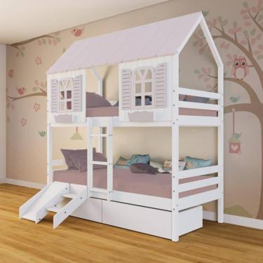 Imagem de Beliche Casinha Bela com 2 Gavetas Kit Escada/Escorregador - Madeira Maciça Branco/Rosa | Megamobilia