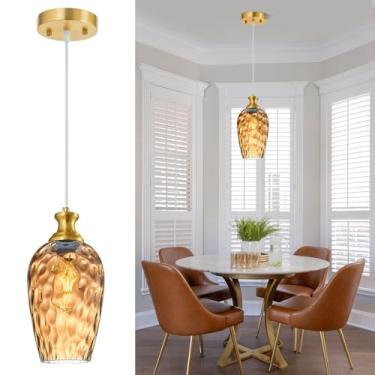 Imagem de LBSQJ Luzes pendentes de vidro ilha de cozinha 1 pacote 15 cm âmbar luz pendente de vidro martelado dourado iluminação pendente de cozinha sobre a pia quarto moderno sala de jantar luminária pendurada
