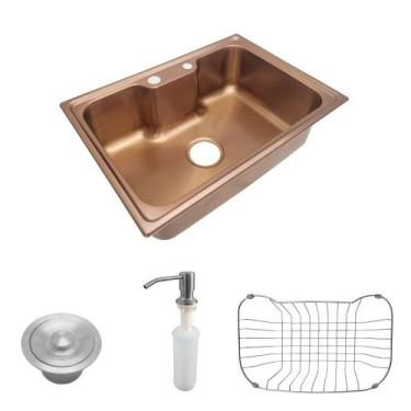 Imagem de Cuba Pia Gourmet Luxo Prizi Lung Rose Aço Inox 201 42x60cm Kit Complet