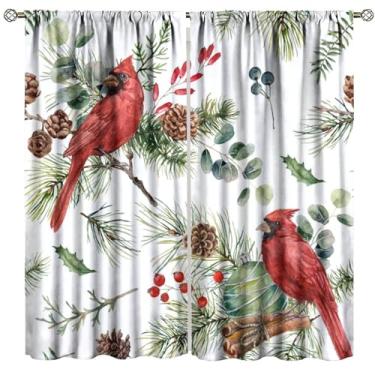 Imagem de Cortinas de janela de Natal cardeal vermelho, pássaro cardeal vermelho, ramos de folha de pinheiro, bagas, cortinas de janela para quarto, sala de estar, 107 cm L x 114 cm C