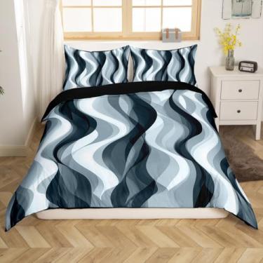 Imagem de Erosebridal Capa de edredom azul cinza moderna abstrata, tamanho casal, grafite geométrico, listrado, conjunto de cama minimalista, linhas de aquarela geométrica contemporânea, conjunto de cama de
