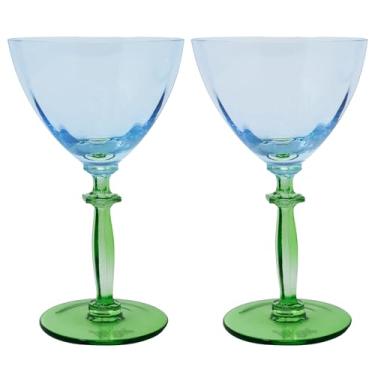 Imagem de Lilly Pulitzer Conjunto de taças de vinho coloridas com hastes cortadas, taças fofas de coquetel/bar/cupê, conjunto de 2 (azul hortênsia e verde península)