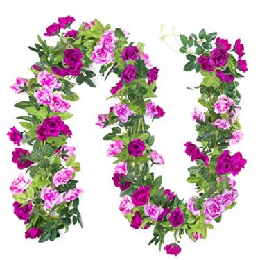 Imagem de Kisflower Guirlandas de flores artificiais de rosas de 3 peças/6,3 m, plantas florais penduradas em seda, para decoração de arco de casamento, quarto, festa, jardim, hotel, escritório, decoração de parede (Fúcsia)