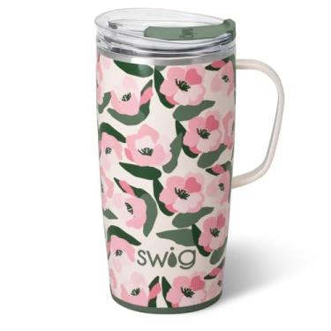 Imagem de Swig Life Caneca de viagem de 623 g, copo isolado com alça e tampa, caneca de café de viagem, compatível com porta-copos, copo de aço inoxidável de 623 g, reutilizável isolado com tampa (ervilha doce)