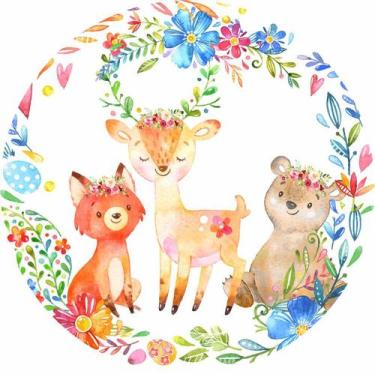 Imagem de Painel de Tecido Sublimado Redondo Animais do Bosque Flores Coloridas 