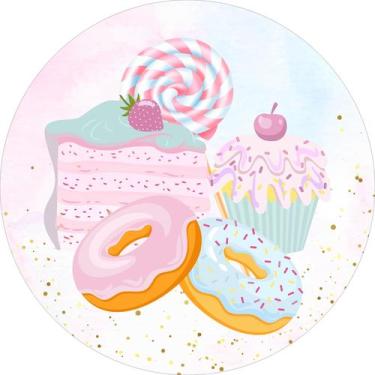 Imagem de Painel de Lona Redondo Doces Candy Color Fundo Nuvens Aquarela - Fabri