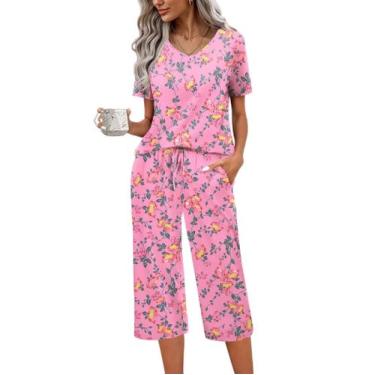 Imagem de Conjunto de pijama feminino Ekouaer de manga curta de algodão com calç