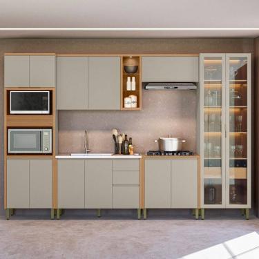 Imagem de Cozinha Completa Allure 14 Portas 4 Gavetas 100% Mdf com Vidro 810016087 Jequitibá/Gris - Linea Brasil