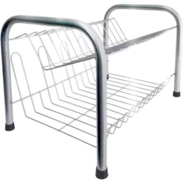 Imagem de Suporte de Pratos em Metal, Escorredor de Louça com 2 Níveis, Estrutura em Alumínio com Pés Antiderrapantes, Prata