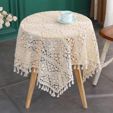 Imagem de Wuluwala Toalha de mesa quadrada pequena vintage de crochê com borlas, toalha de mesa de algodão feita à mão, toalha de mesa de renda de macramê para decoração de cozinha, estilo 2, 109 x 109 cm