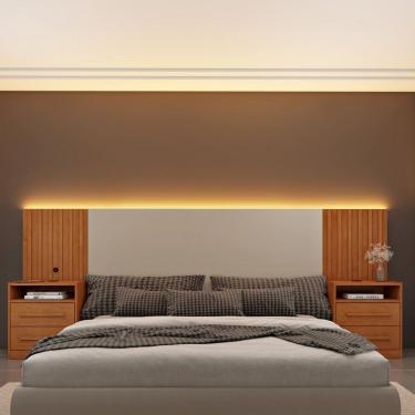 Imagem de Cabeceira Box Casal com Led e Carregador Usb e 4 Gavetas Ripado Cinamomo/ Off White