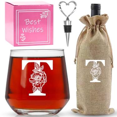 Imagem de AiHeart Presentes personalizados para mulheres, taças de vinho com monograma A-Z, presentes para mulheres, taça de vinho para caixa de presente, presentes de aniversário para mãe, irmã, avó-T