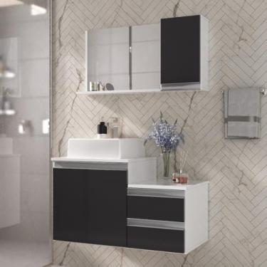 Imagem de Gabinete Banheiro CROSS 80cm (gabinete+cuba+espelheira)(Branco/Preto)