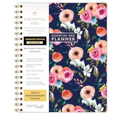 Imagem de DELUXE ESSENTIAL PRO Agenda diária, semanal e mensal sem data, abas mensais, rastreamento diário, páginas de notas, bolso de armazenamento, marcador de página com notas adesivas (floral marinho