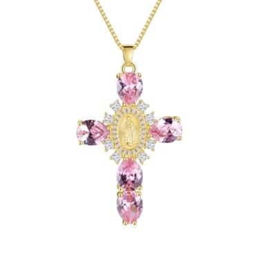 Imagem de unique corn Colar de Virgem Maria Guadalupe banhado a ouro 18K - Pingente de cruz grande para mulheres - Presentes fofos de joias Y2K, Regular size, Cobre, Sem Pedra Preciosa