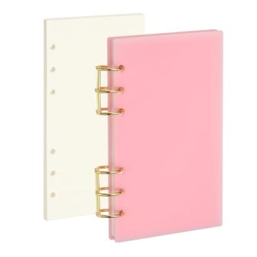 Imagem de PATIKIL Capa para caderno com 6 anéis, fichário acrílico A6, 2 anéis redondos de metal dourado com 90 folhas, papéis internos em branco para planejador de viagens, escritório, orçamento, rosa