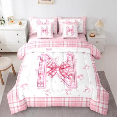 Imagem de Conjunto de edredom solteiro com letras alfabeto N, 7 peças, com laço de princesa, para crianças e adultos, coquete rosa, monograma, presente personalizado para mulheres e homens