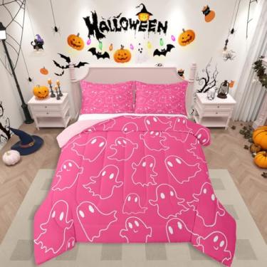 Imagem de Erosebridal Jogo de cama solteiro Hallloween fantasma kawaii, fofo, rosa, assustador, para decoração de quarto de crianças, adolescentes e mulheres, edredom engraçado para decoração de Halloween