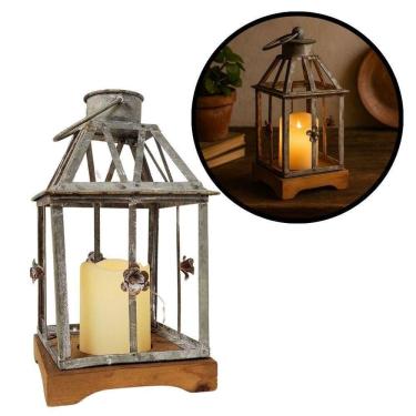 Imagem de Lanterna Decorativa Iluminada Ferro E Madeira Cinza Envelhecido 28cm - Bela Flor