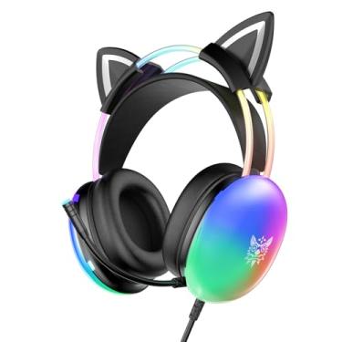 Imagem de ONITOON Fone de ouvido para jogos Cat Ear com microfone, iluminação RGB arco-íris, som surround, fones de ouvido com fio de 3,5 mm para PC/PS4/PS5/Switch/Laptop, faixa de cabeça leve e ajustável