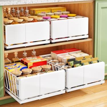 Imagem de Organizador de armário removível, pacote com 2 gavetas expansíveis (25 cm a 35 cm) resistentes para organizadores e armazenamento de despensa, cesta deslizante adesiva para cozinha, banheiro, casa