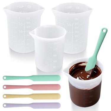 Imagem de Palksky Conjunto de copos de silicone para derretimento de chocolate com 4 copos medidores de silicone (250 ml e 350 ml) e 4 peças de espátulas de pote resistentes ao calor, ferramentas antiaderentes