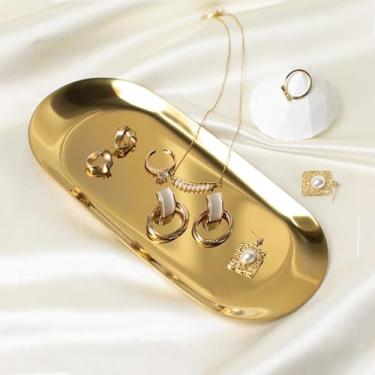 Imagem de Pacote com 2 bandejas douradas de aço inoxidável – Pratos decorativos ovais de 18 cm para joias, cosméticos e organização de banheiro, travessas elegantes para penteadeira, bancada e presente