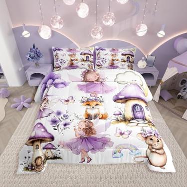 Imagem de Erosebridal Jogo de cama casal de fadas roxas – Conjunto de edredom floral com borboleta de cogumelo para meninas e crianças, colcha de jardim de fadas peculiares | decoração de quarto com tema de