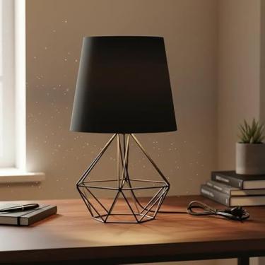 Imagem de Luminária de Mesa Abajur Base Diamante Aramado Cúpula Tecido Escritório Quarto (PRETO/PRETO)