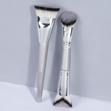 Imagem de 2 pincéis de maquiagem faciais, base, corretivo, contorno, mistura ultra-macia, portátil (prata)