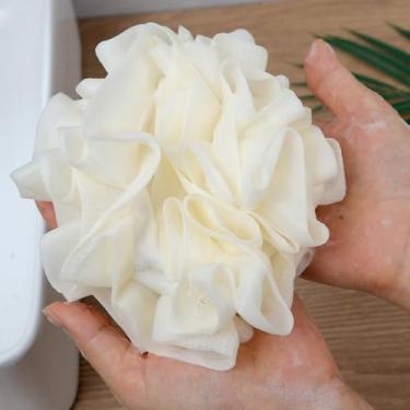 Imagem de 1 peça toalha de banho 2 em 1 com cordão para sabão macio esfoliante malha chuveiro flanela cuidados com a pele ferramenta de banho, branco, 13 cm