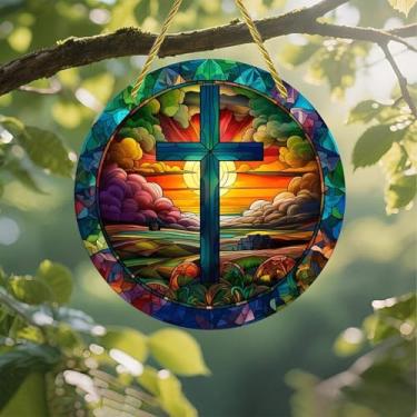 Imagem de Apanhador solar de acrílico colorido, paisagem, pôr do sol, vitral, janela suspensa de 18 cm, decoração de parede com design de vitral impresso, ideia de presente e ornamento de jardim, uso interno e